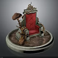 Red Cushioned Chair With Tree Root Decorations And Mushroom Accents On Circular Stone Platform Base