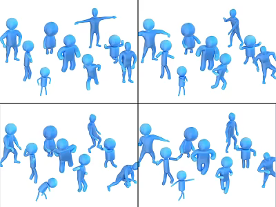 Group of Multiple Blue Human Silhouettes In Various Poses And Activities 3d model