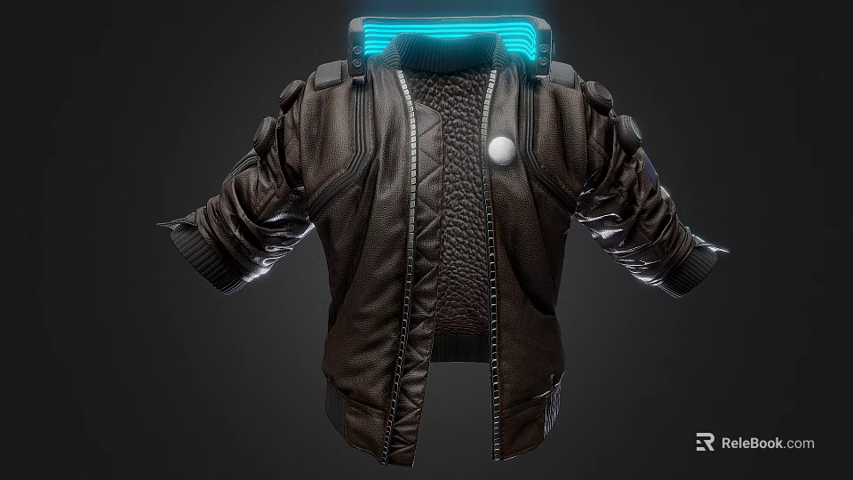 Futuristic Brown Leather Jacket With Glowing Blue Light Strip And Shoulder Details 3d model 