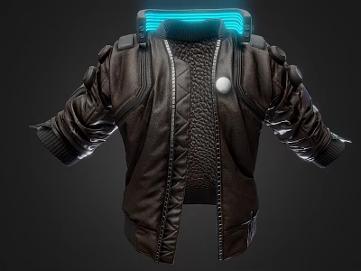 Futuristic Brown Leather Jacket With Glowing Blue Light Strip And Shoulder Details 3d model