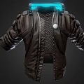 Futuristic Brown Leather Jacket With Glowing Blue Light Strip And Shoulder Details