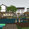 Scenic Chinese Traditional Buildings Leisure Area With Pond Wooden Walkway And Thatched Umbrellas