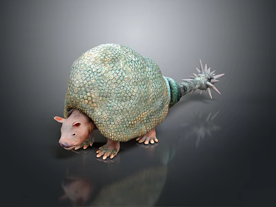 Green Textured Armadillo With Spiked Tail Crawling On Dark Reflective Background 3d model