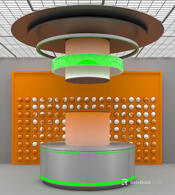 Stylish Display Shelves with Orange Wall Circular Holes Round Platform and Green Brown Ring Lights 3d model 