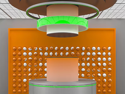 Stylish Display Shelves with Orange Wall Circular Holes Round Platform and Green Brown Ring Lights 3d model