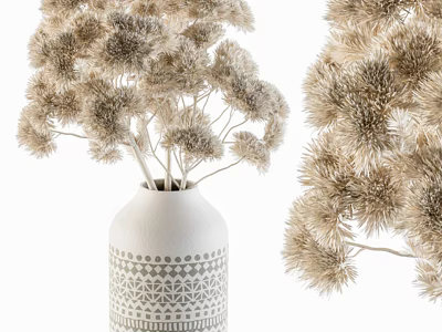 Elegant White Vase with Geometric Pattern Holding Beige Pompom Dried Flowers 3d model