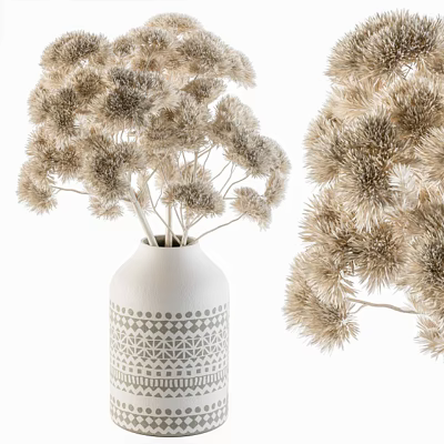 Elegant White Vase with Geometric Pattern Holding Beige Pompom Dried Flowers 3d model
