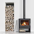 Modern Black Fireplace With Stacked Firewood Beside And Burning Flames Inside