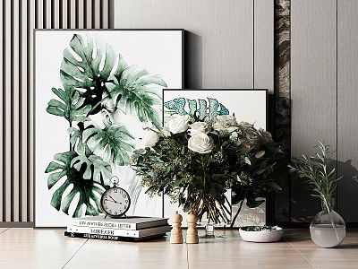 Decorative Ornament Set with Tropical Leaf Paintings White Roses Clock and Books for Interior Decor 3d model
