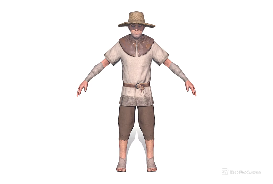 Man Wearing Straw Hat Light Colored Shirt Brown Collar Arm Guards Belt Brown Shorts Barefoot 3d model 