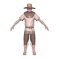 Man Wearing Straw Hat Light Colored Shirt Brown Collar Arm Guards Belt Brown Shorts Barefoot
