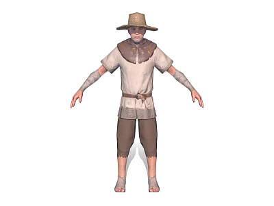 Man Wearing Straw Hat Light Colored Shirt Brown Collar Arm Guards Belt Brown Shorts Barefoot 3d model