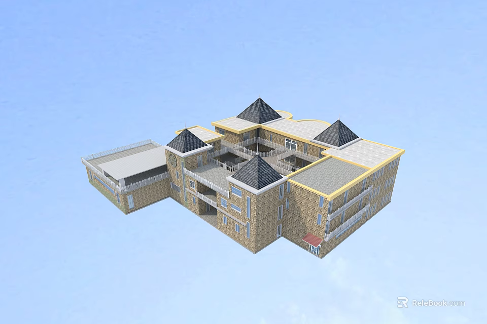 Modern School Building With Multiple Pyramidal Roofs Yellow Beige Exterior And Courtyard Structure 3d model