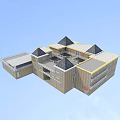Modern School Building With Multiple Pyramidal Roofs Yellow Beige Exterior And Courtyard Structure 3d model