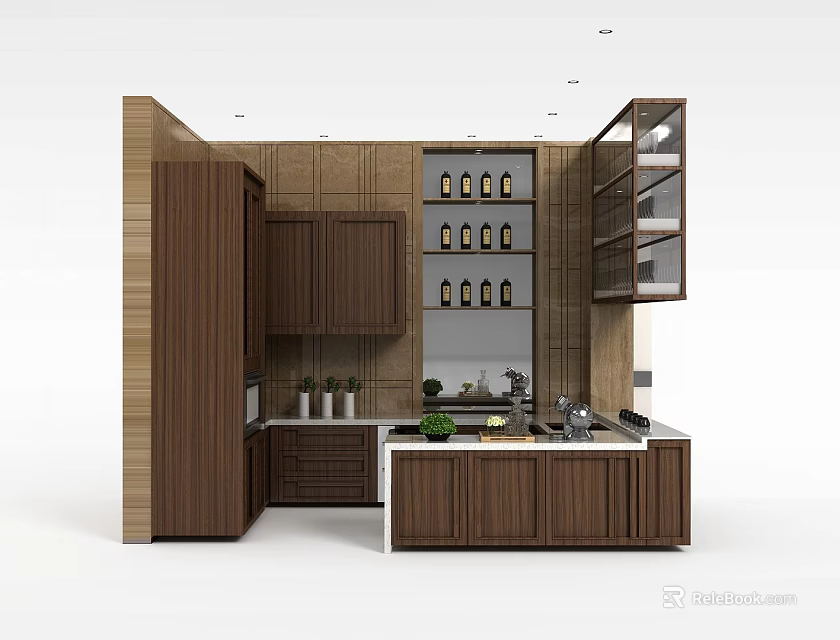 Modern Kitchen Interior With Elegant Walnut Cabinets And Open Storage Countertop 3d model 