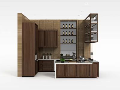 Modern Kitchen Interior With Elegant Walnut Cabinets And Open Storage Countertop 3d model