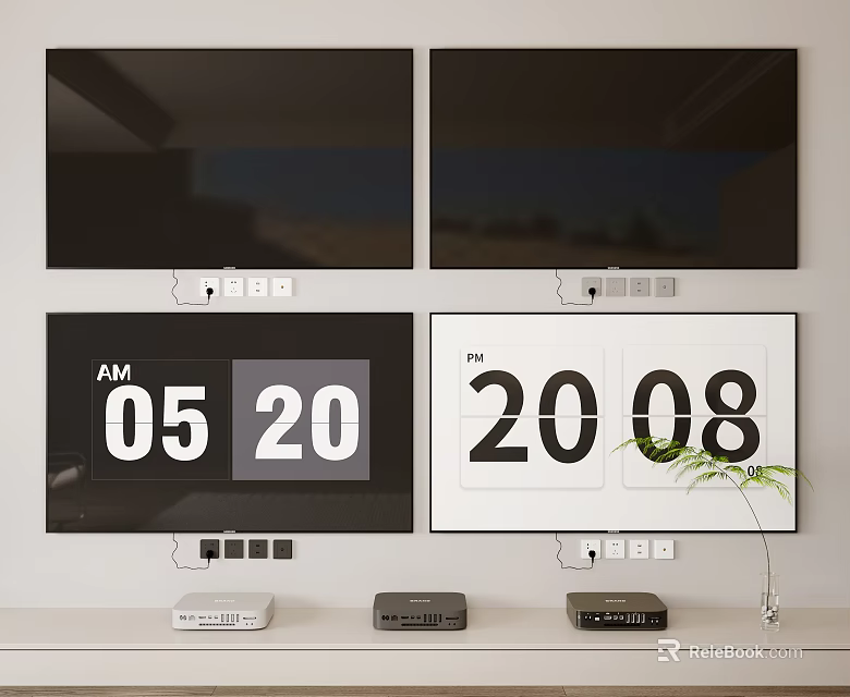 Modern Television Displaying Digital Time AM PM With Below Devices And Green Plant 3d model 