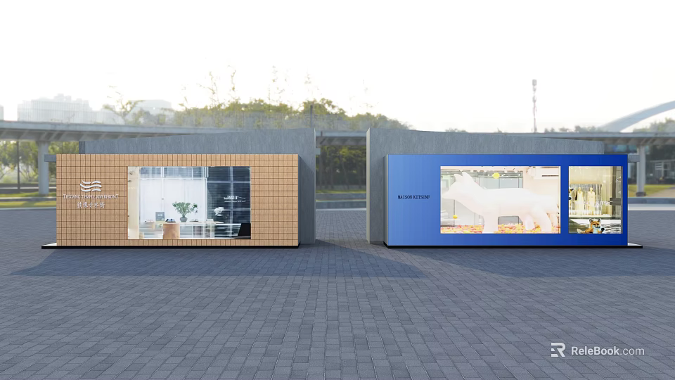 Modern Container Buildings With Brown Blue Exteriors And Large Windows For 3d model 