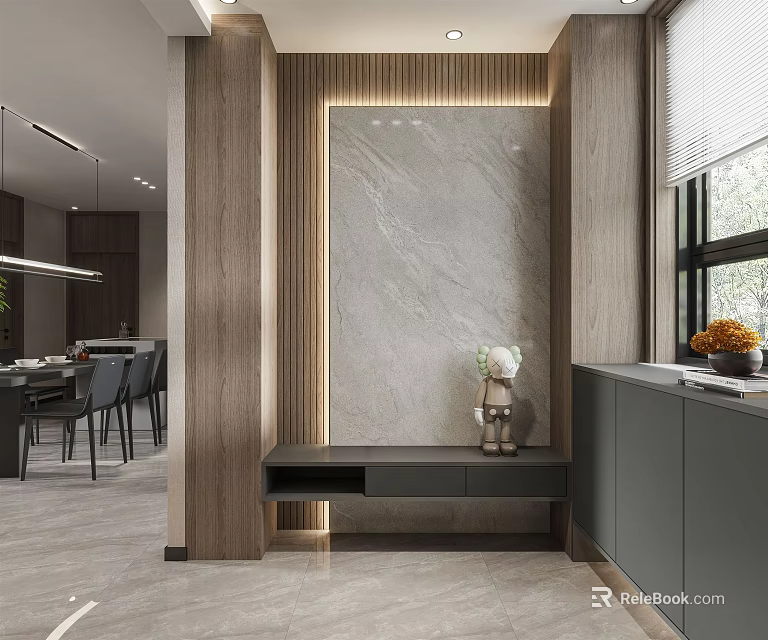 Modern Entryway Hallway With Marble Feature Wall Wooden Accents Bench And Vase 3d model 
