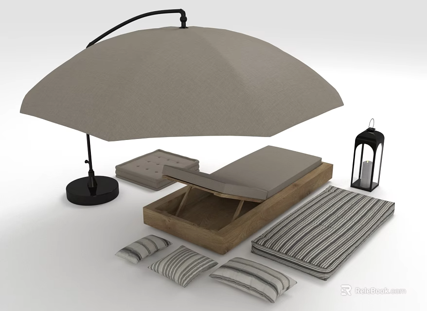 Outdoor Decorative Ornament Set with Umbrella Daybed Striped Cushions and Lantern 3d model 