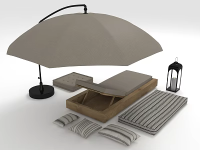 Outdoor Decorative Ornament Set with Umbrella Daybed Striped Cushions and Lantern 3d model