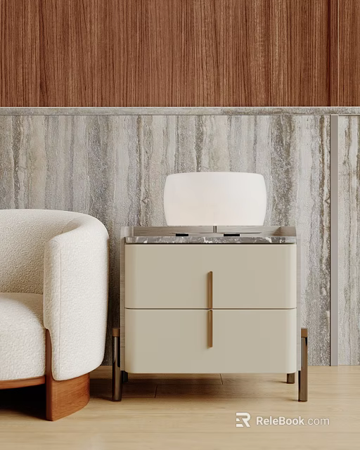 White Table Lamp On Beige Cabinet With Golden Handles Against Wooden Marble Texture Wall 3d model 