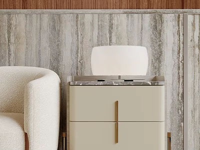 White Table Lamp On Beige Cabinet With Golden Handles Against Wooden Marble Texture Wall 3d model