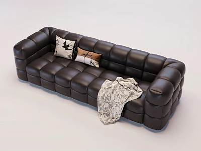 Double Leather Sofa with Tufted Square Design Patterned Pillows and Light Colored Blanket 3d model