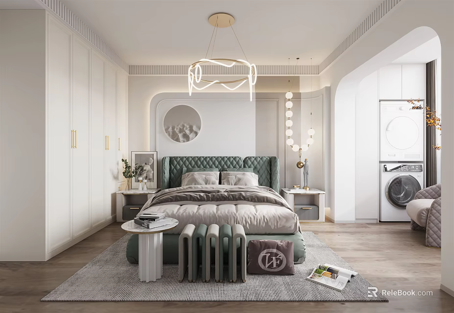 Modern Bedroom Interior With Green Velvet Headboard Bed Chandelier And Circular Wall Art 3d model 