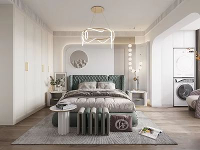 Modern Bedroom Interior With Green Velvet Headboard Bed Chandelier And Circular Wall Art 3d model