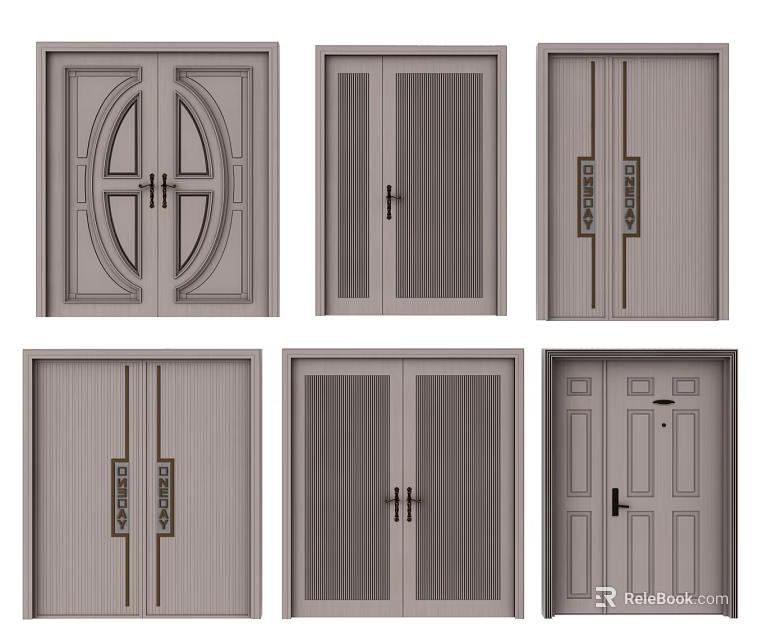 Modern Double Doors Designs with Glass Panels Wood Patterns and Handle Variations 3d model