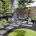 Karesansui Japanese Garden Featuring Circular Sand Patterns Gravel Moss Stone Lanterns And Wooden Fence