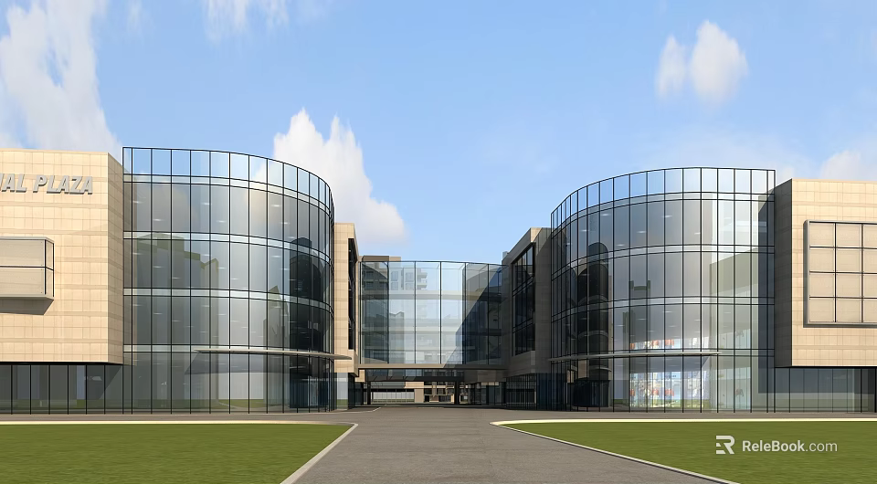 Modern Commercial Complex With Glass Facade Circular Buildings And Green Lawn Pathway 3d model 