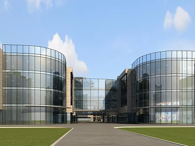 Modern Commercial Complex With Glass Facade Circular Buildings And Green Lawn Pathway 3d model