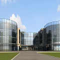 Modern Commercial Complex With Glass Facade Circular Buildings And Green Lawn Pathway