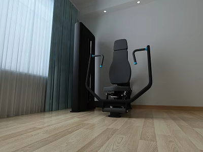 Home Gym Fitness Equipment Seated Training Machine With Wooden Floor And Window Curtains 3d model