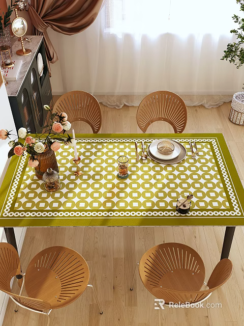Elegant Dining Table Set With Green White Checkered Tablecloth Rattan Chairs And Decorative Tableware 3d model 
