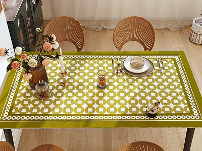 Elegant Dining Table Set With Green White Checkered Tablecloth Rattan Chairs And Decorative Tableware 3d model
