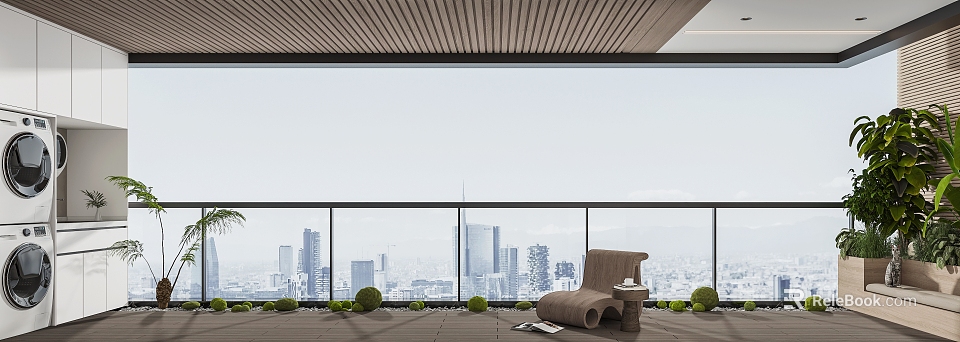 Home Balcony Design With Wooden Ceiling Large Windows City View Brown Chair And Green Plants 3d model 
