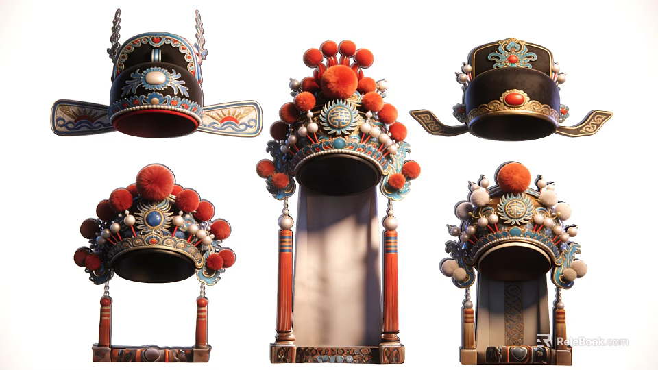 Traditional Chinese Peking Opera Headdress Hanging Decorations With Red Pom Poms And Intricate Designs 3d model 