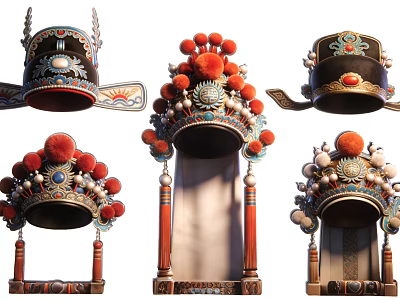 Traditional Chinese Peking Opera Headdress Hanging Decorations With Red Pom Poms And Intricate Designs 3d model