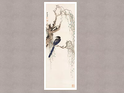 Traditional Oriental Plant Painting with Willow Branches and Black Bird Artwork 3d model