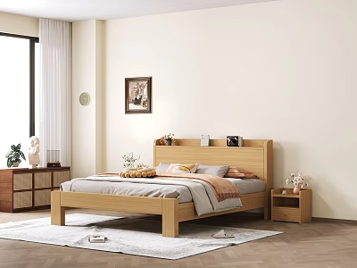 Natural Solid Wood Double Bed With Storage Headboard For Cozy Minimalist Bedroom Interior 3d model