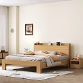 Natural Solid Wood Double Bed With Storage Headboard For Cozy Minimalist Bedroom Interior