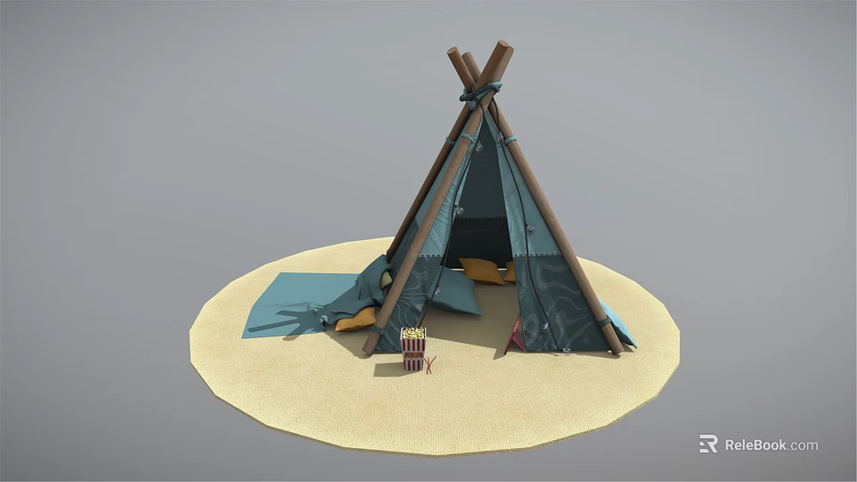 Canvas Tepee Tent Setup on Sandy Ground with Folding Chair and Open Entrance 3d model 