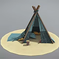 Canvas Tepee Tent Setup on Sandy Ground with Folding Chair and Open Entrance