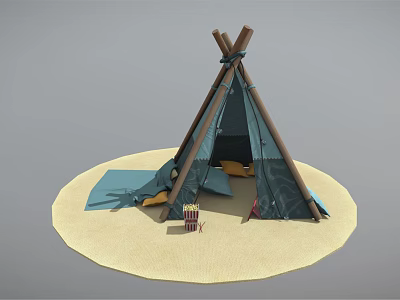 Canvas Tepee Tent Setup on Sandy Ground with Folding Chair and Open Entrance 3d model