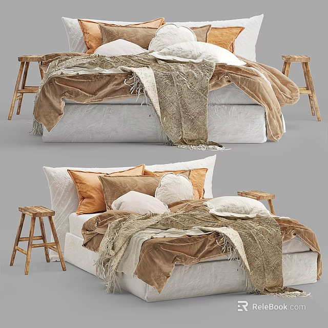 Cozy Modern Double Bed Setup With Soft Pillows Fringed Blanket And Wooden Stools 3d model 
