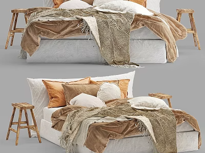 Cozy Modern Double Bed Setup With Soft Pillows Fringed Blanket And Wooden Stools 3d model