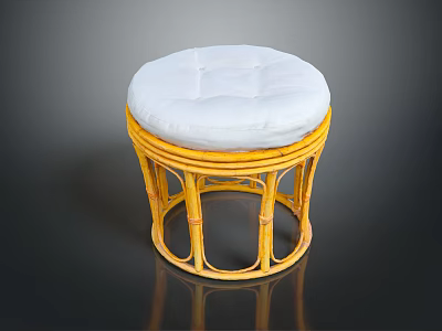 Round Stool With Yellow Rattan Frame And White Padded Seat 3d model